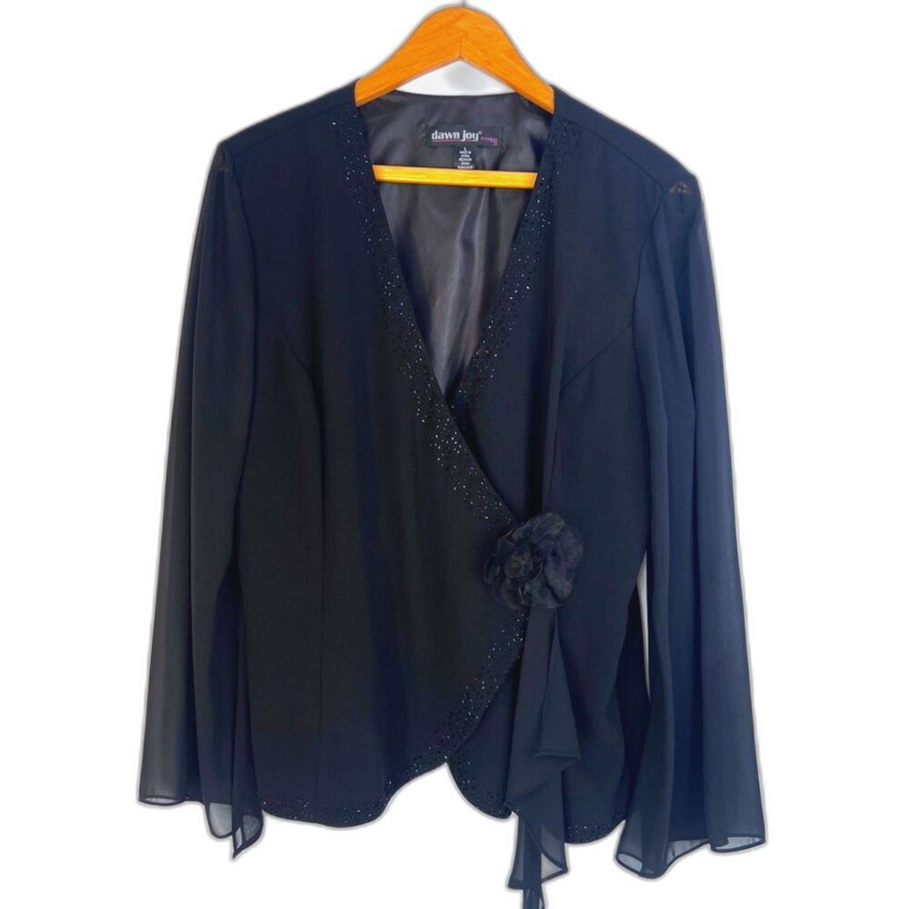 Dawn Joy Vneck Beaded Trim Dressy Cocktail Evening Jacket Flower Brooch SZ Large